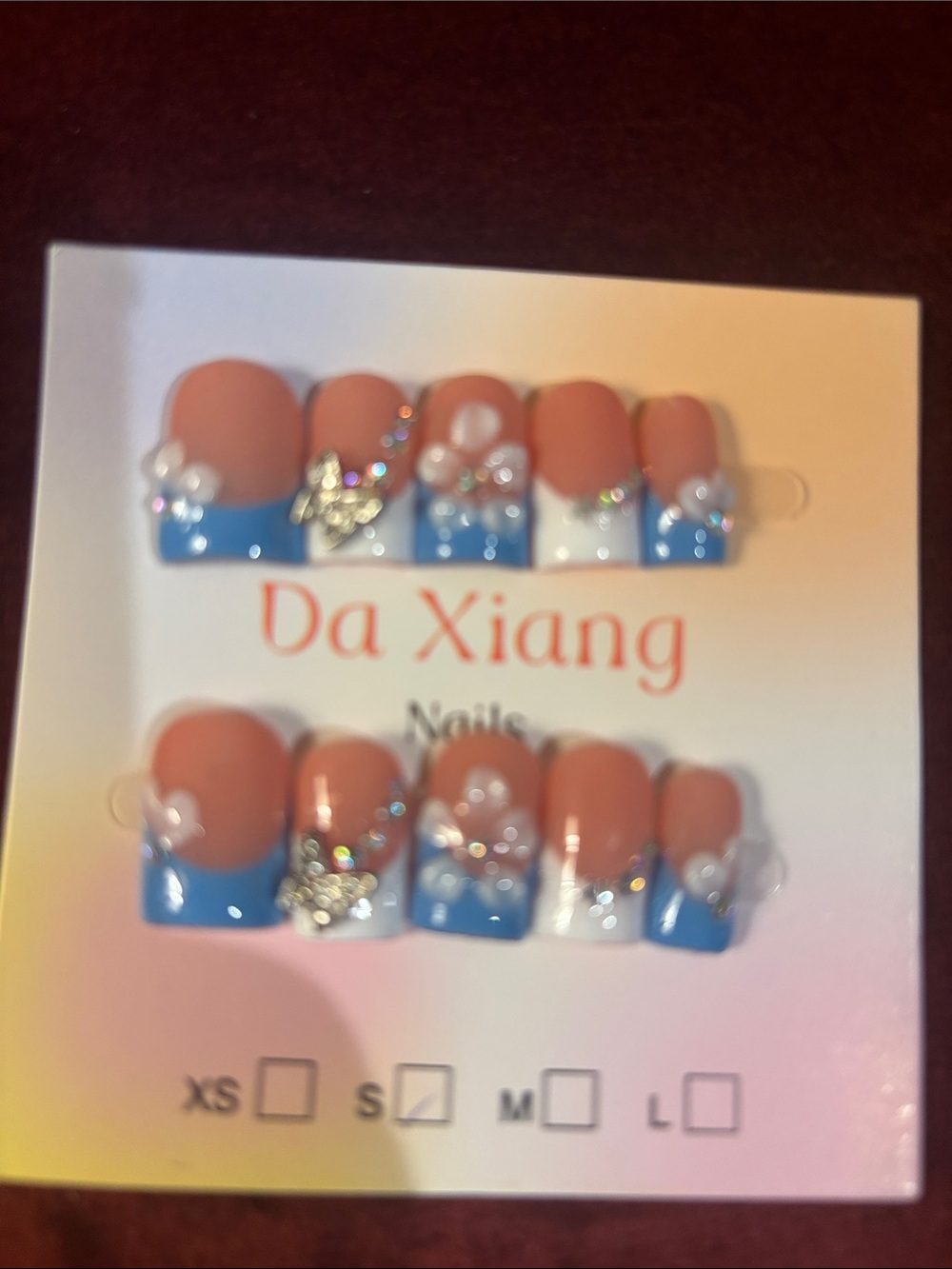 Blue & Nude Press-On Nail Set with Pearl Accents